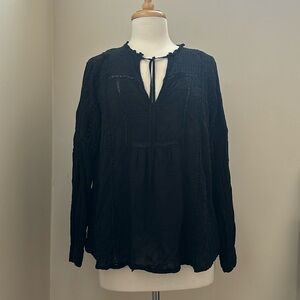 Johnny Was Black Embroidered Tie Neck Top Size Medium